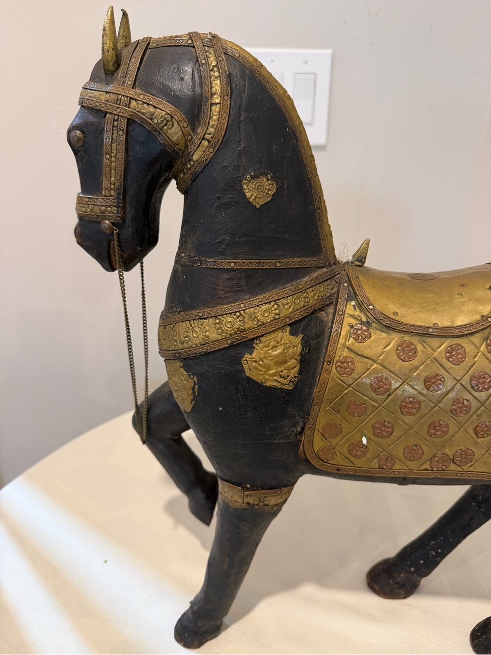 Antique Vintage Hand Carved Wood Horse Copper and Brass Overlay India - Picture 2 of 16